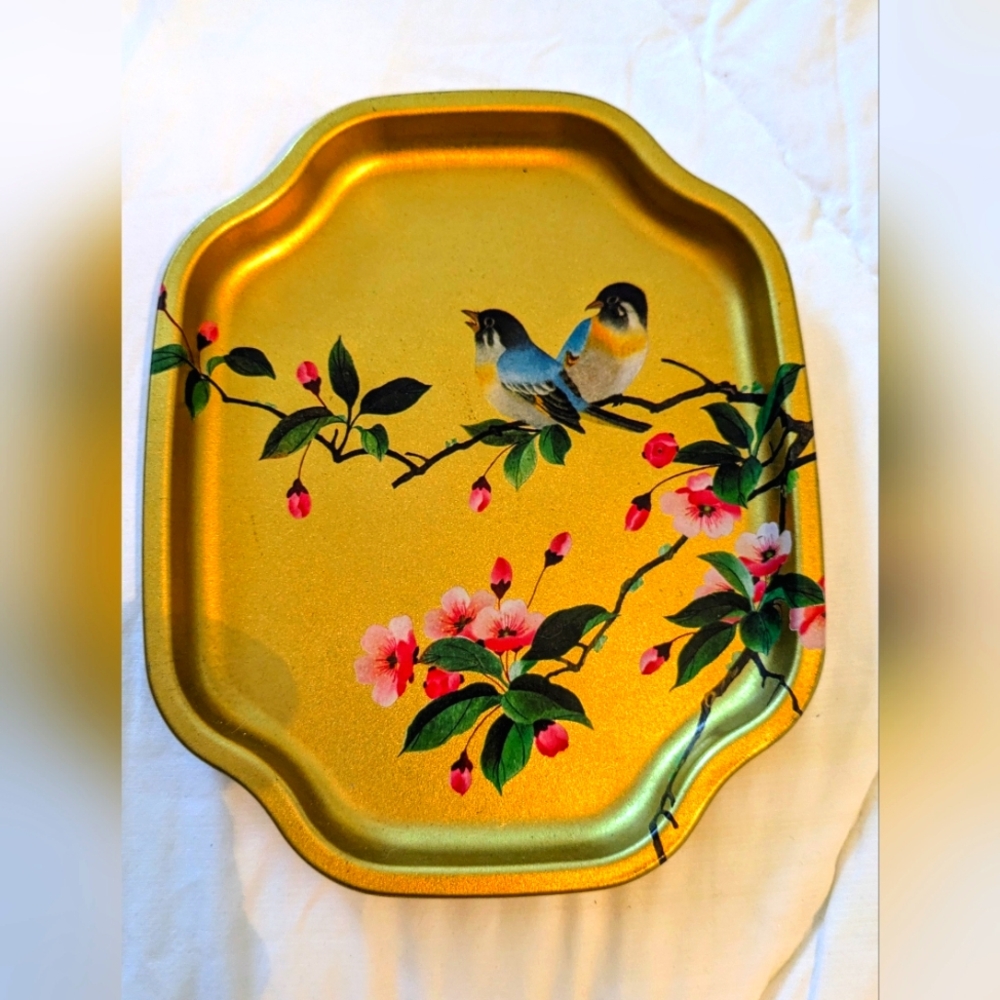 Gold Tray w Chattering Birds, Flowers, Elite Trays, England